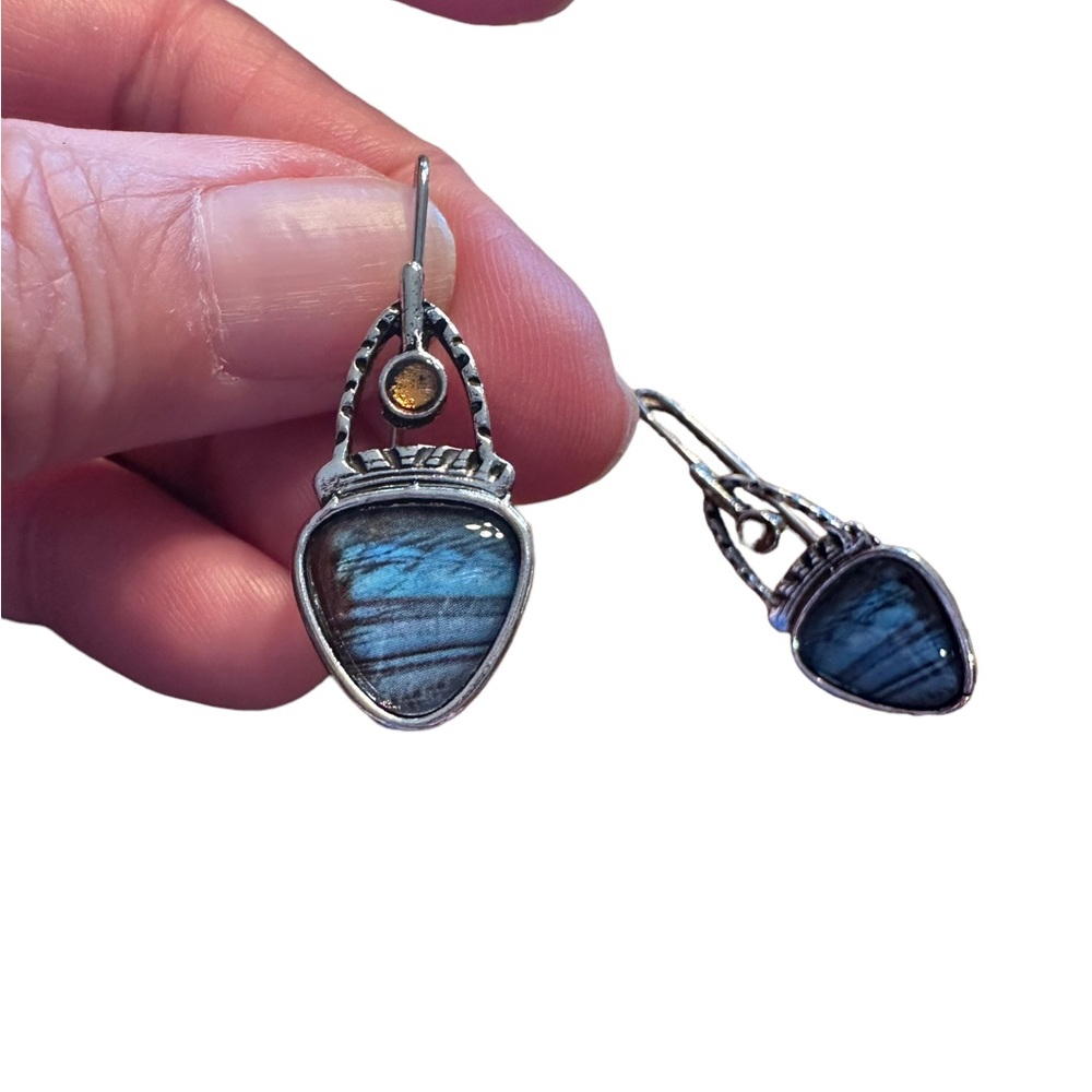 Boho Silver Plated and Blue Geometric Drop Style Earrings - Picture 2 of 5